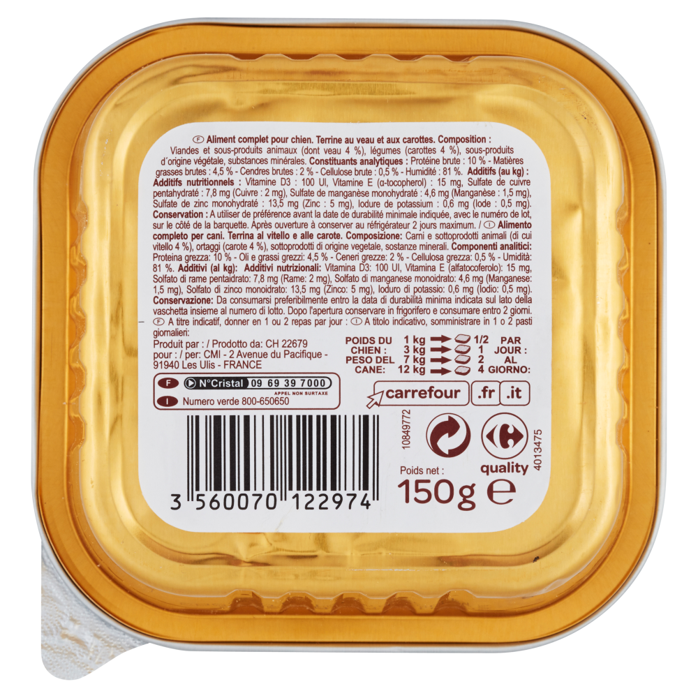 Carrefour Adult Terrine al vitello e alle carote per cani 150 g