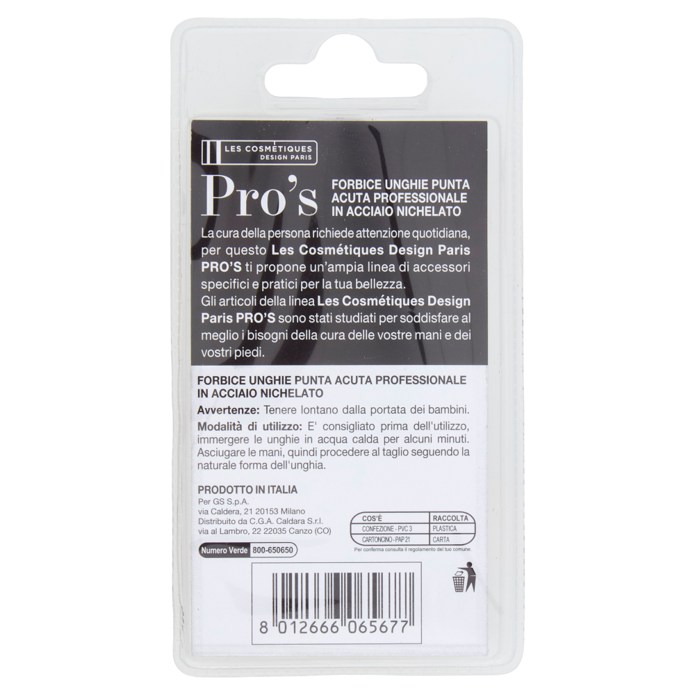 Les Cosmétiques Design Paris Pro's Forbice Unghie Punta Acuta Professionale in Acciaio Nichelato