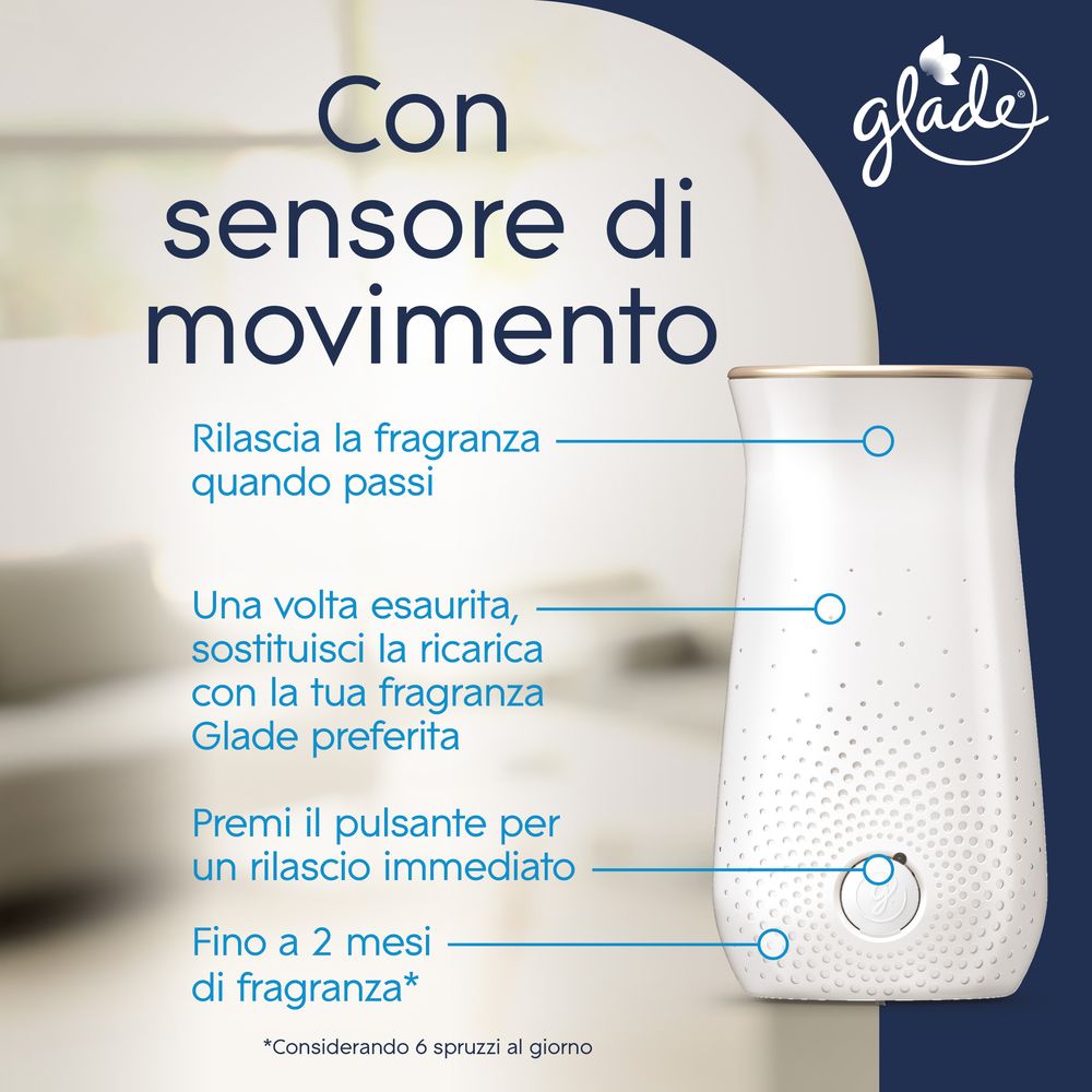 Glade Sense and Spray Base Profumatore per Ambienti con Olii Essenziali e Sensore di Movimento, Fragranza Refreshing Air™, Elimina gli odori degli animali domestici, 18 ml