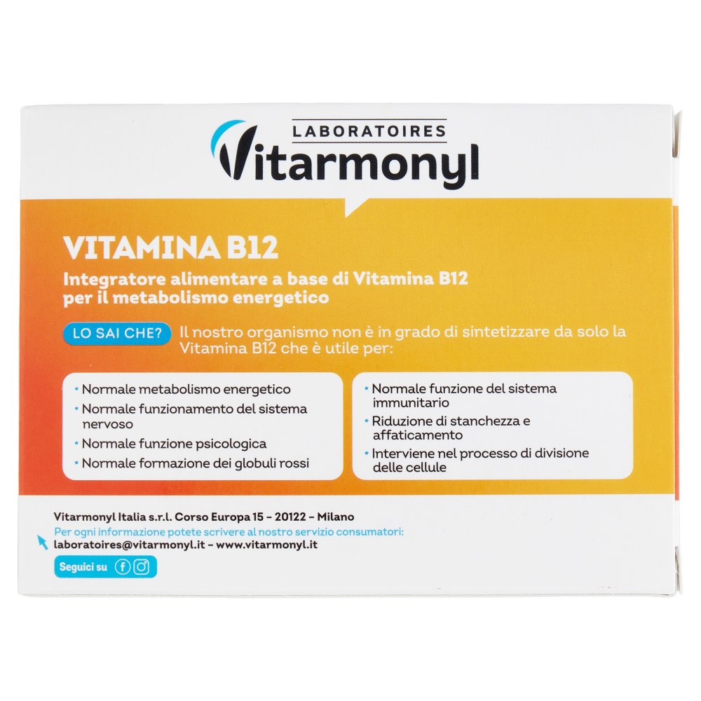 Laboratoires Vitarmonyl Vitamina B12 Metabolismo energetico 90 Compresse 7,2 g