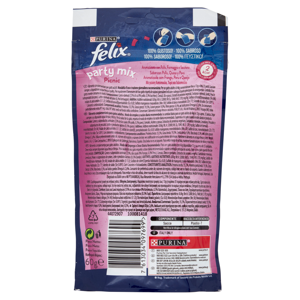 FELIX Party Mix Snacks Picnic Aromatizzato con Pollo, Formaggio e Tacchino 60 g