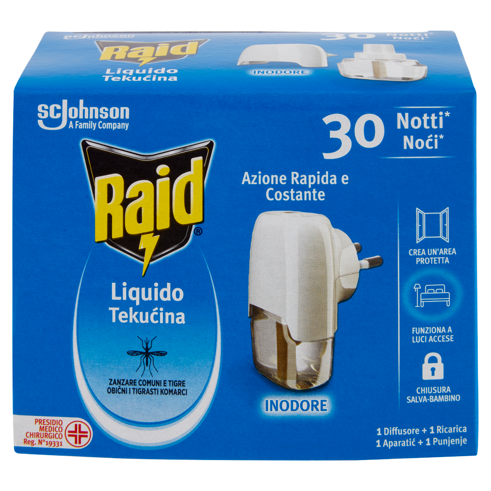 Raid Liquido Elettrico Antizanzare Contro Zanzare, 1 Base e 1 Ricarica 21 ml, 30 Notti