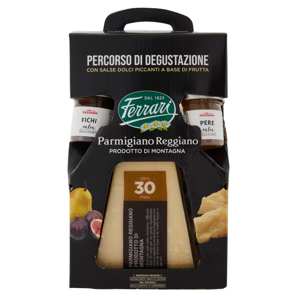 Ferrari Parmigiano Reggiano DOP Prodotto di Montagna oltre 30 mesi 300g con Salse di Fichi e Pere 