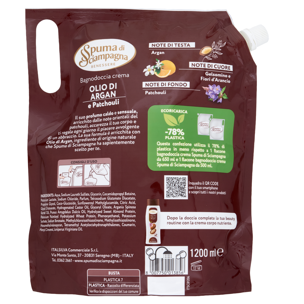 Spuma di Sciampagna Benessere Bagnodoccia crema Nutriente Olio di Argan e Patchouli Ecoric. 1200 ml
