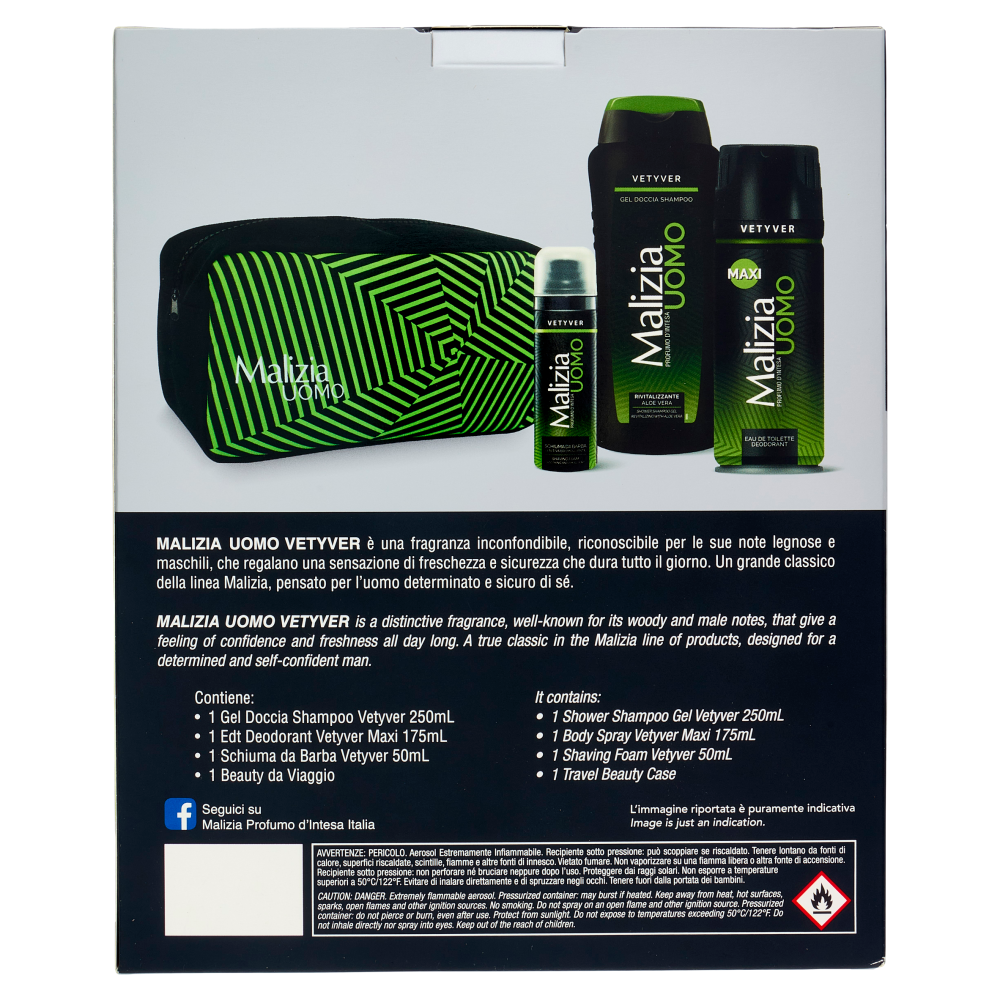 Malizia Uomo Vetyver Schiuma da Barba 50 mL + Gel Doccia Shampoo 250 mL + Edt Deodorant Maxi 175 mL