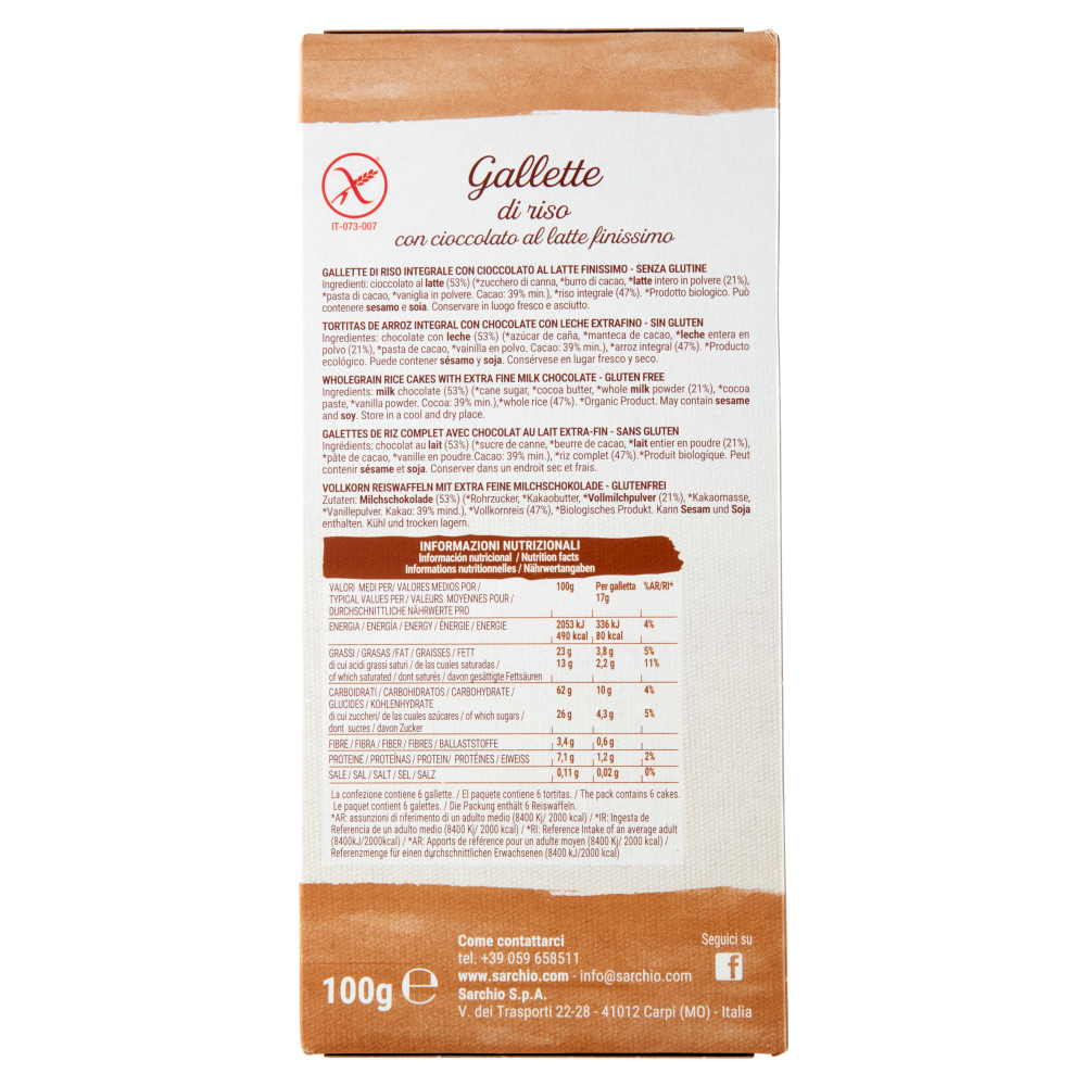 Sarchio Gallette di riso integrale Cioccolato al latte finissimo 100 g