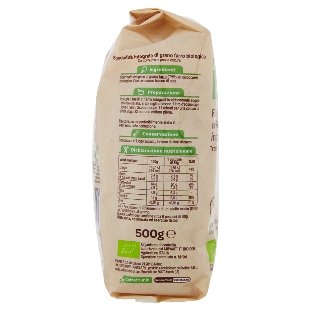 Carrefour Bio Fusilli di Farro integrali n° 123 500 g