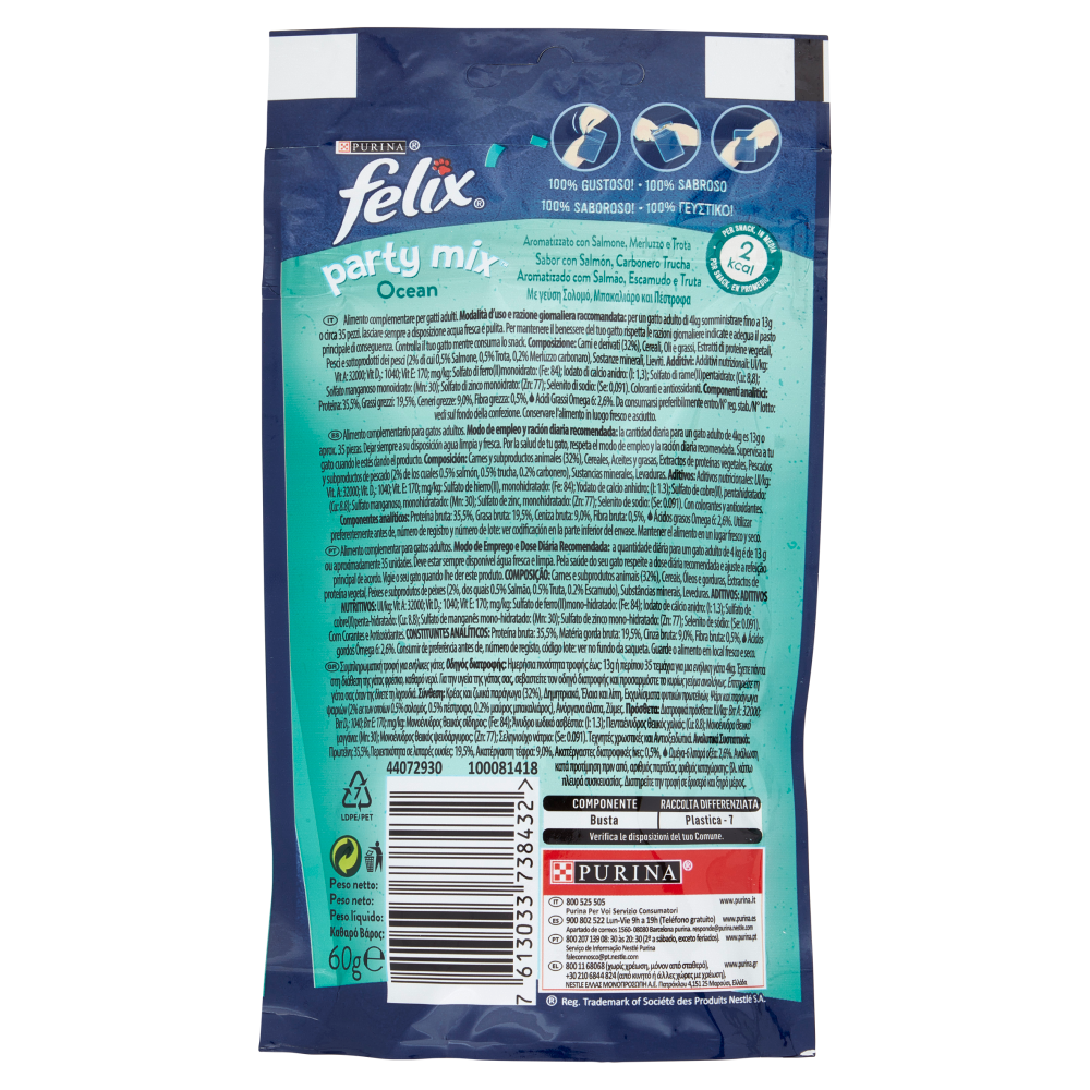 FELIX Party Mix Snacks Ocean Aromatizzato con Salmone, Merluzzo e Trota 60 g
