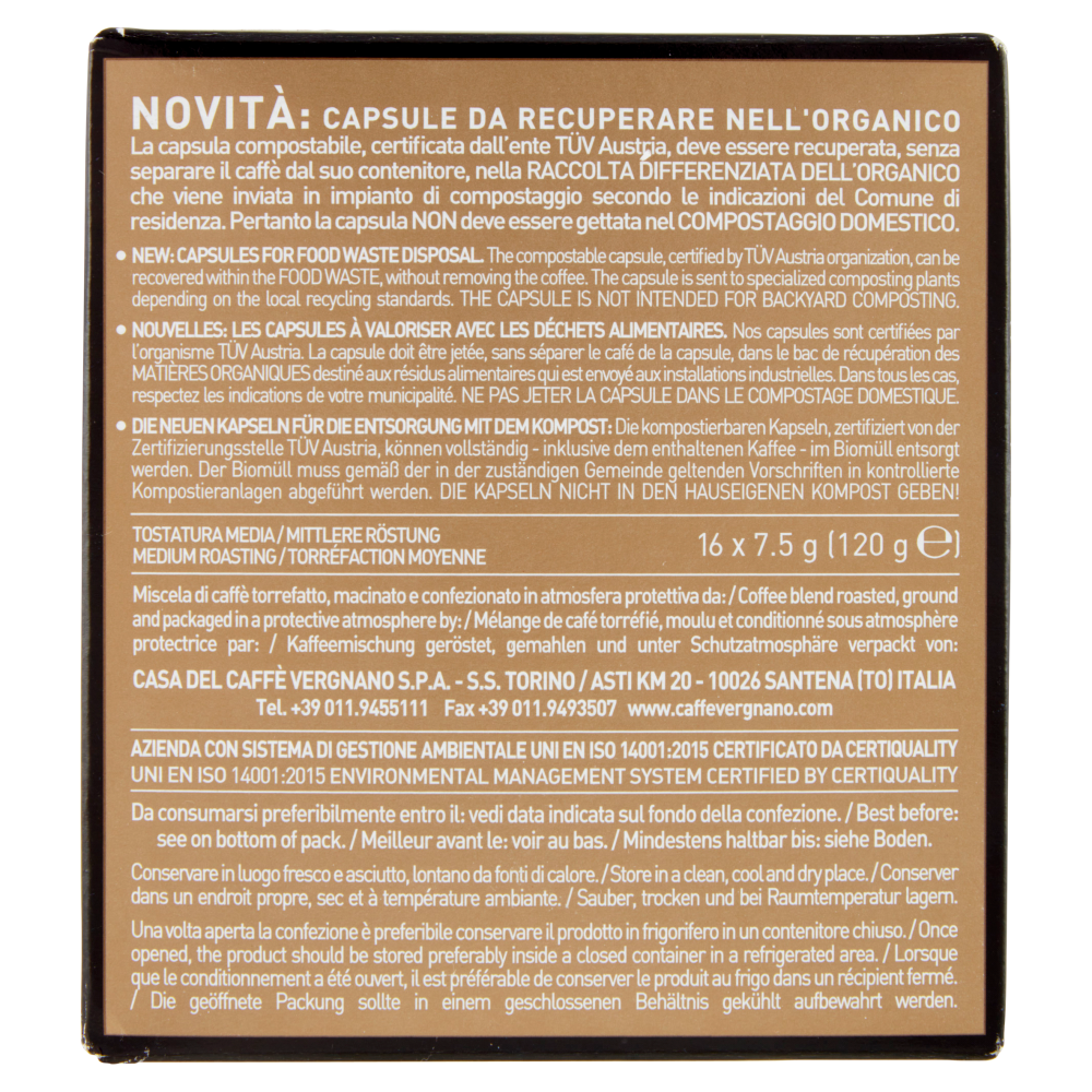 Caff&egrave; Vergnano 1882 Oro Compostabile** Capsule Compatibili Lavazza a Modo Mio* 16 x 7,5 g