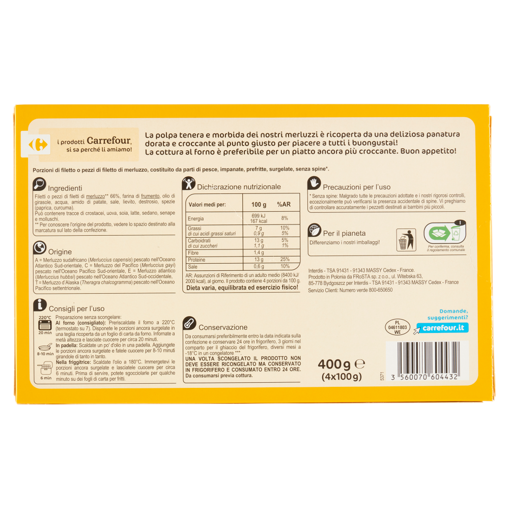 Carrefour 4 Croccanti Porzioni di Merluzzo Impanate Surgelato 4 x 100 g