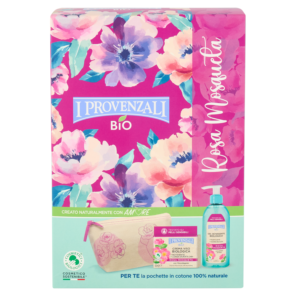 I Provenzali Bio Rosa Mosqueta Crema Viso Biologica 50mL + Gel Detergente Biologico 150mL + Pochette