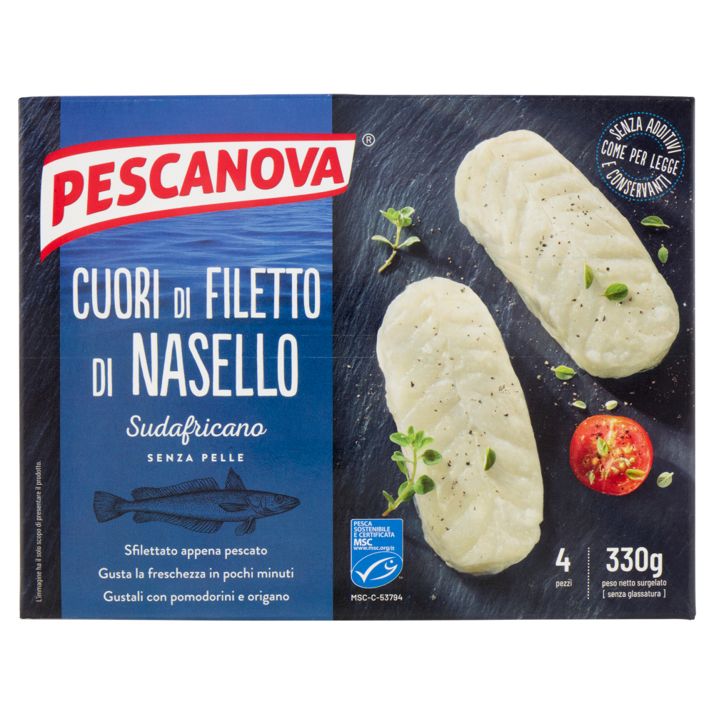 Pescanova Cuori di Filetto di Nasello Sudafricano Senza Pelle 4 pezzi 330 g