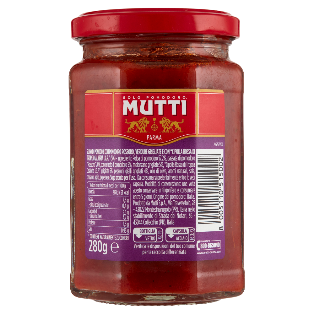 Mutti Sugo con Pomodoro Rossoro, Verdure Grigliate e con Cipolla Rossa di Tropea Calabria IGP 280 g