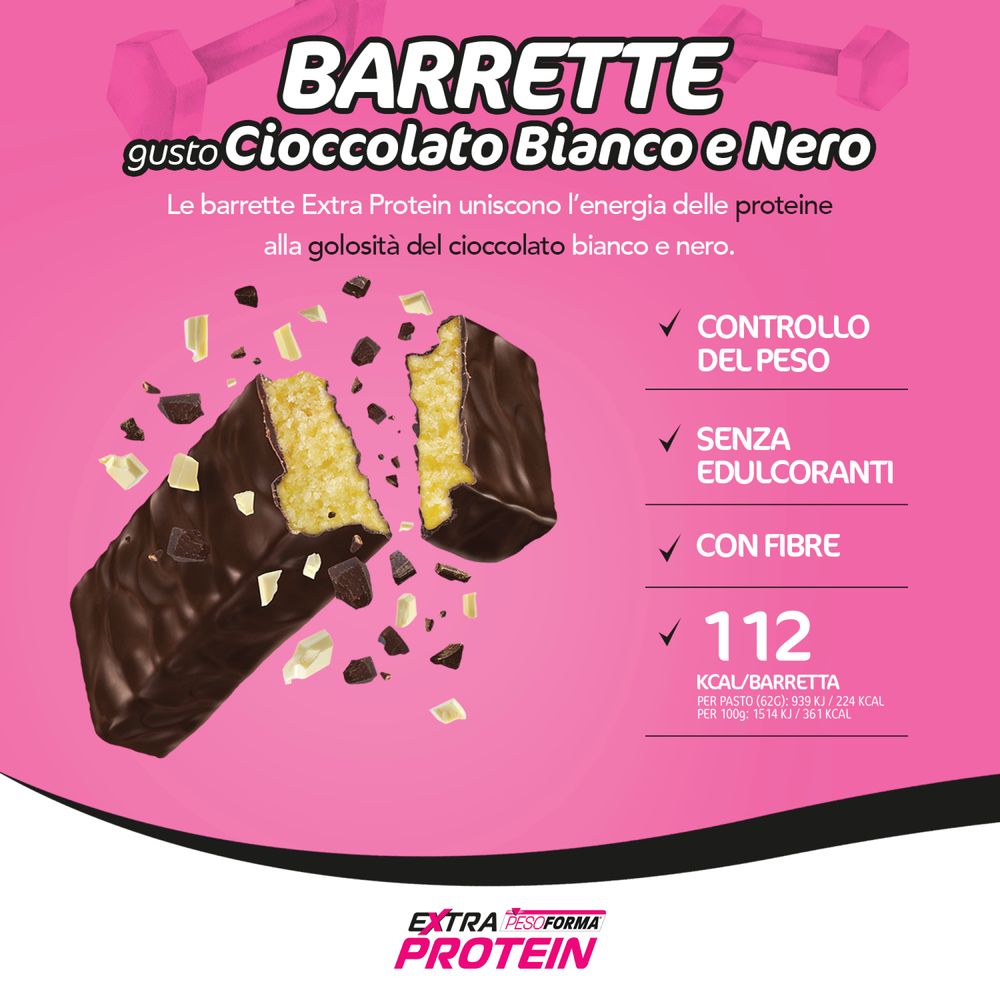 Pesoforma Extra Protein Barrette Cioccolato Bianco e Nero, Pasto Sostitutivo, 27% dell'energia in Proteine, 224 kcal a pasto, 112 calorie per barretta, 12x31g