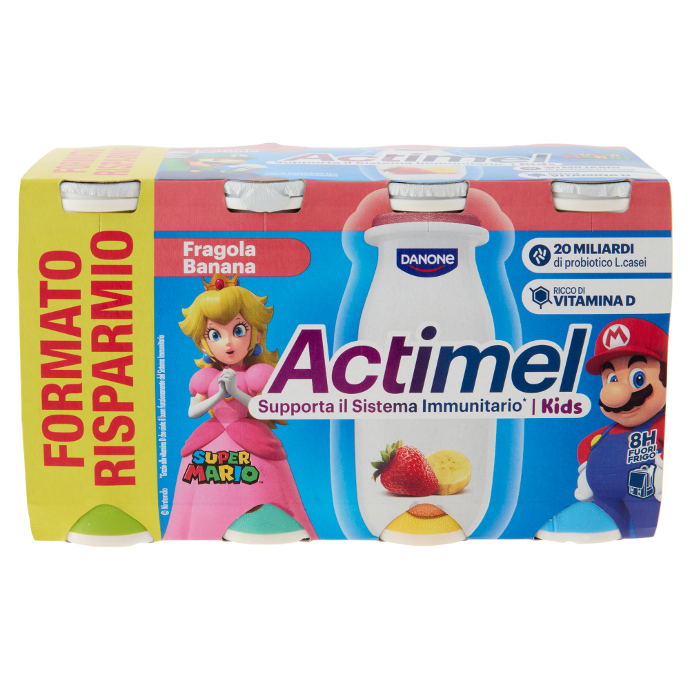 ACTIMEL SuperMario, Yogurt da Bere con Vit B6 e D per il Sistema Immunitario, fragola&banana, 8x100G