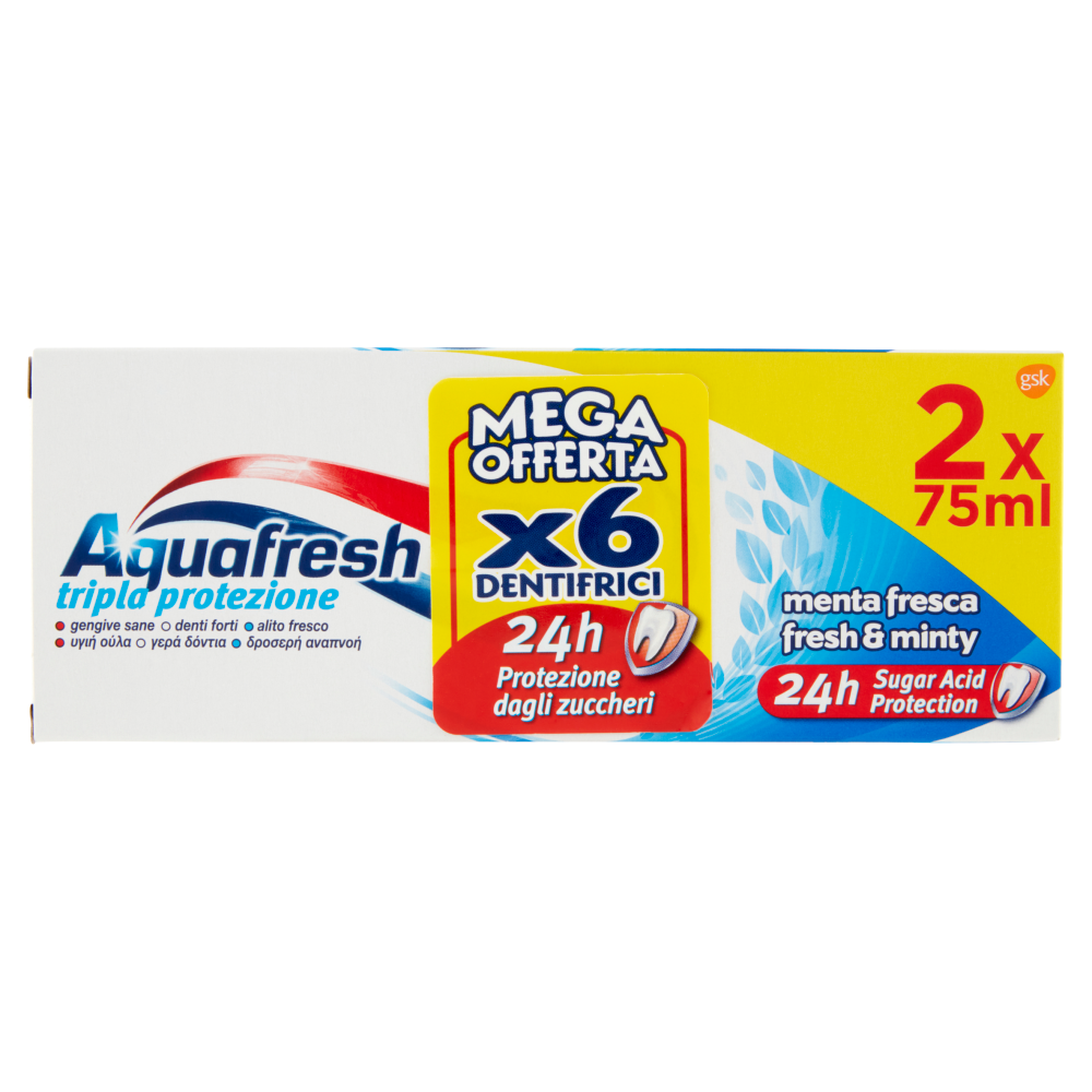 Aquafresh tripla protezione dentifricio igiene dentale multi pacco menta 3  x 2 x 75 ml