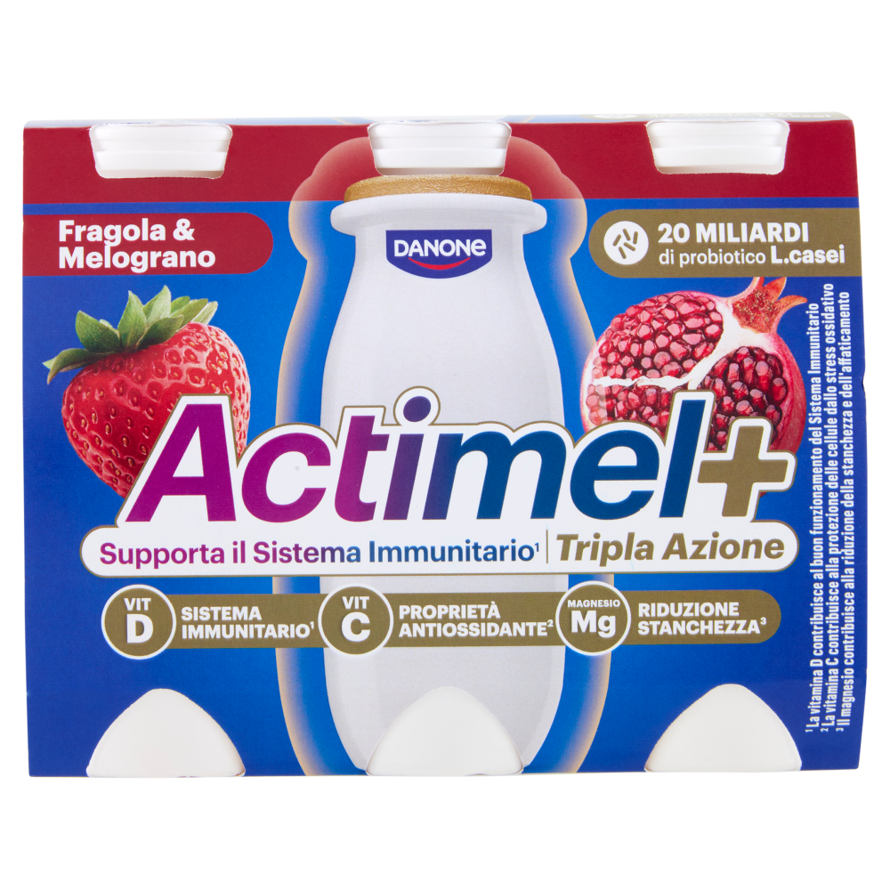 ACTIMEL Tripla Azione, Yogurt da Bere con Vit D e C e Magnesio, gusto Fragola&Melograno,6x100g