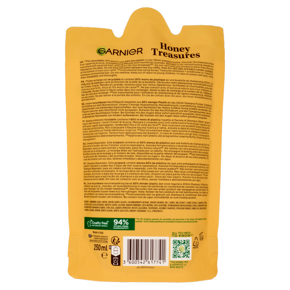 Garnier Ultra Tesori di Miele, Eco-Ricarica Shampoo Riparatore, Secchi Deboli e Danneggiati, 250ml