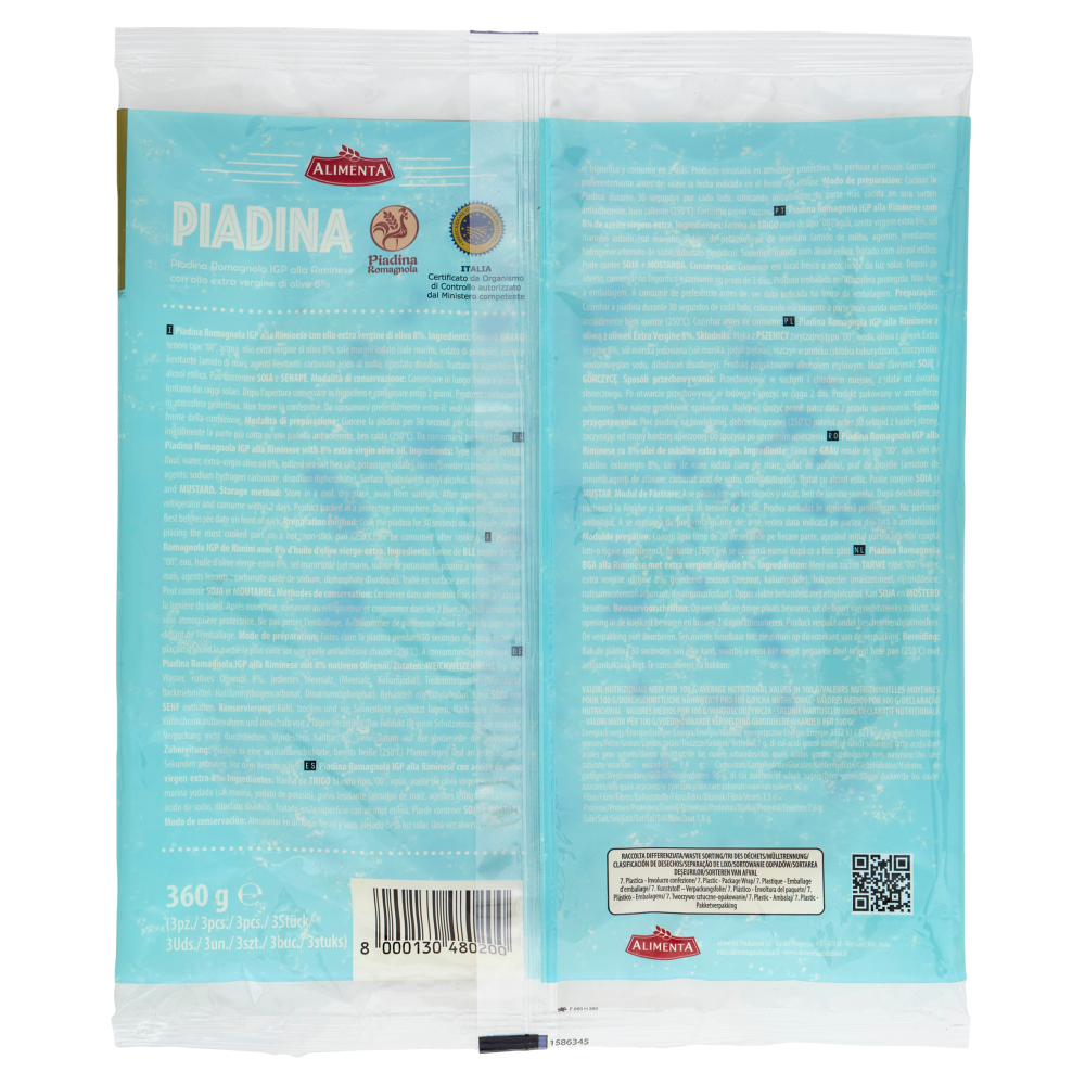 Alimenta Piadina Romagnola IGP alla Riminese con Olio Extra Vergine di Oliva 3 piadine 360 g