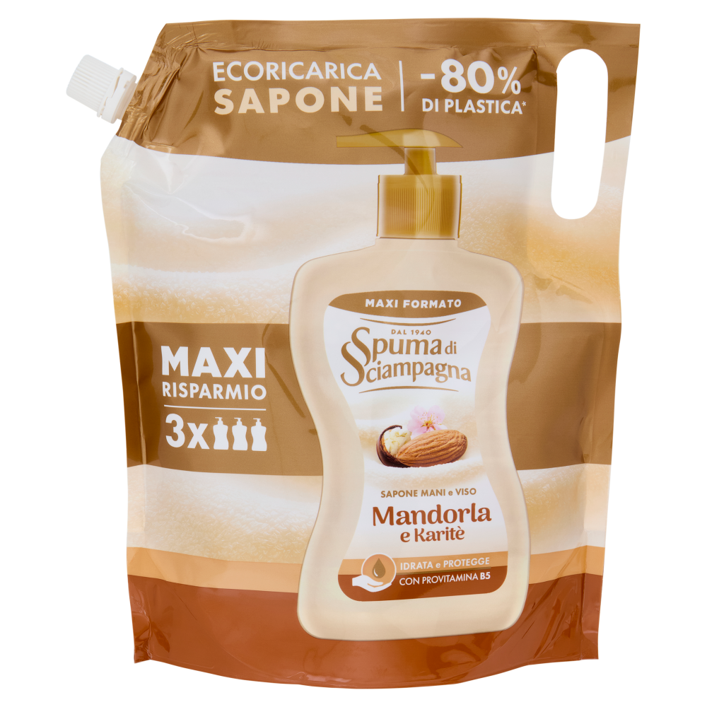 Spuma di Sciampagna Sapone Mani e Viso Mandorla e Karit&egrave; Ecoricarica 1300 ml