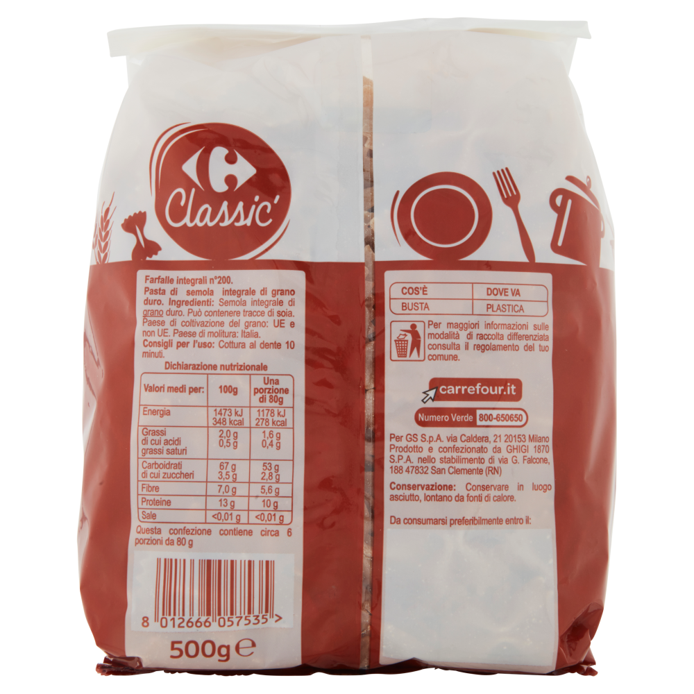 Carrefour Classic Farfalle Integrali N.200 500 g