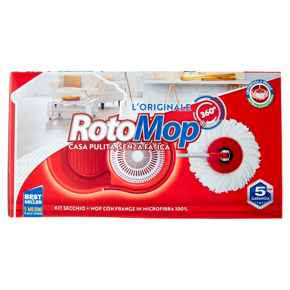 Super5 RotoMop 360° Kit Secchio + Mop con Frange in Microfibra 100%