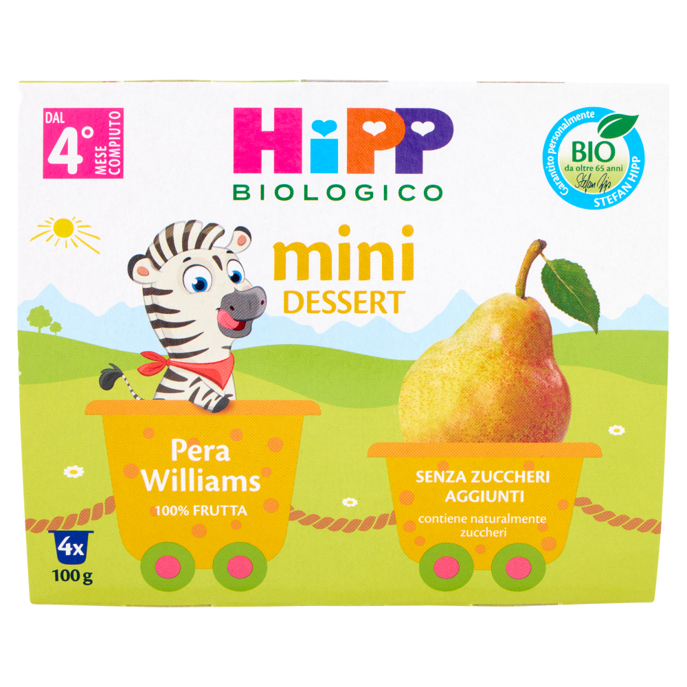 HiPP Biologico mini Dessert Pera Williams Senza Zuccheri Aggiunti 4 x 100 g