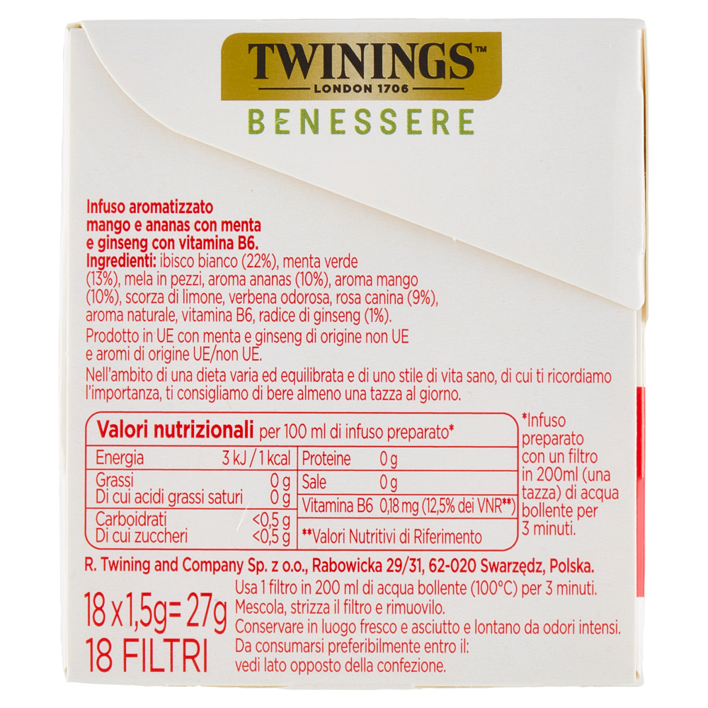 Twinings Benessere Energia Tisana Aromatizzata Mango e Ananas con Vitamina B6 18 filtri 27 g
