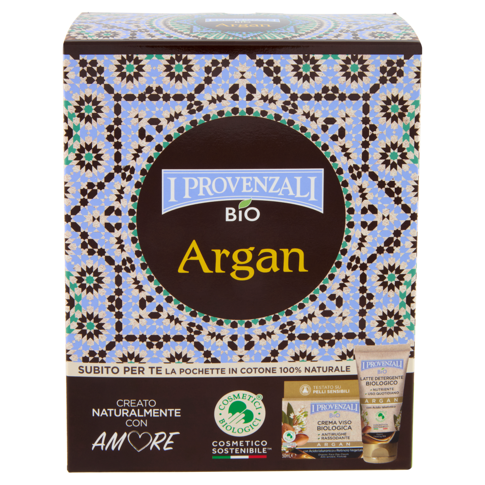 I Provenzali Bio Argan Crema Viso Biologica 50 mL+Latte Detergente Biologico 75 mL+1 Pochette cotone