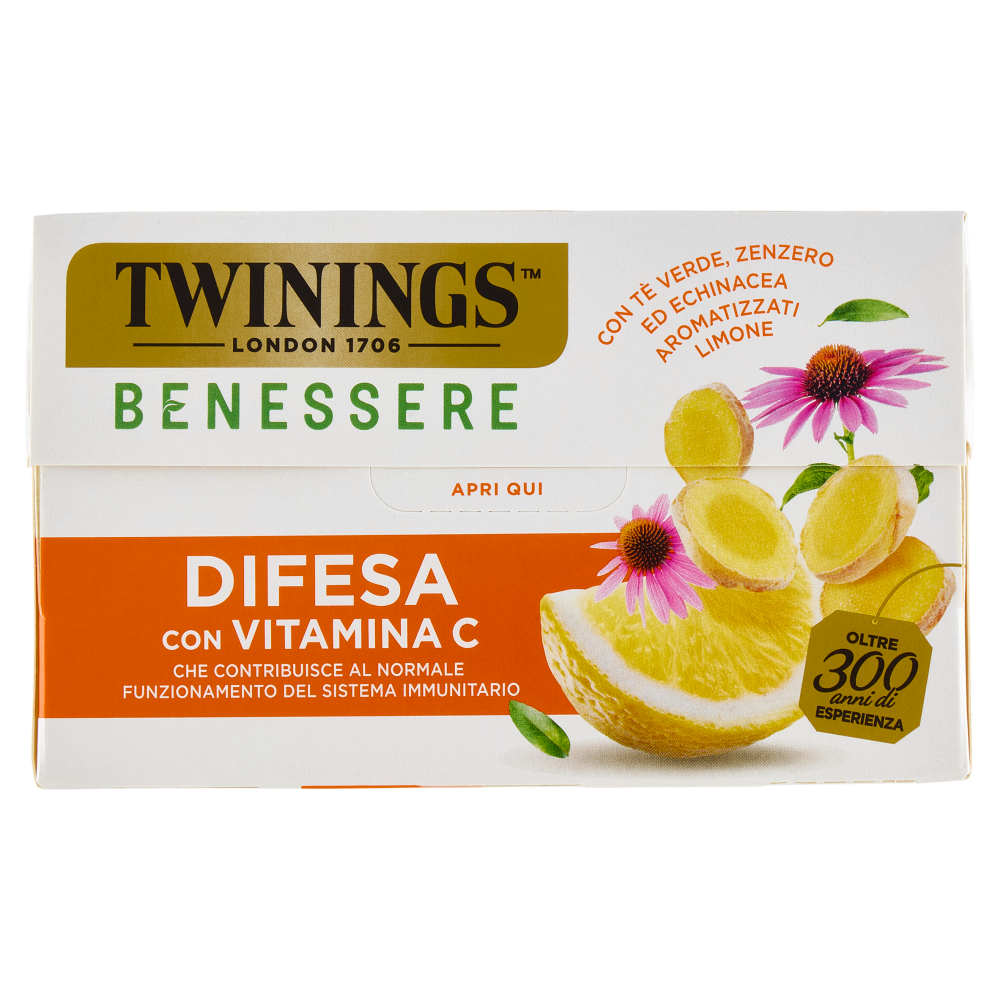 Twinings Benessere Difesa Tisana e Tè Verde, Zenzero aromatizzati Limone Vitamina C 18 filtri 36 g