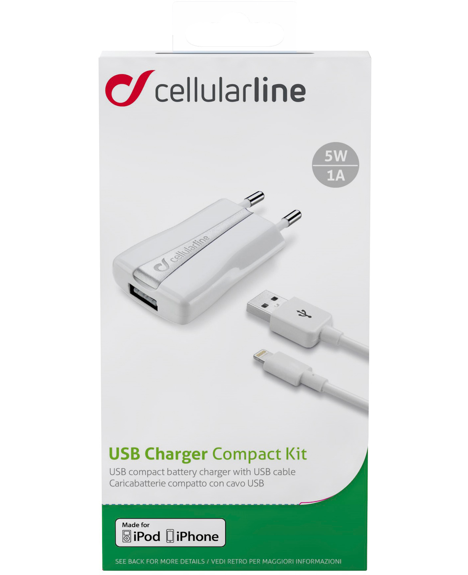 Cellularline USB Charger Kit 5W - Lightning - iPhone and iPod Caricabatterie da rete 5W con cavo Lightning