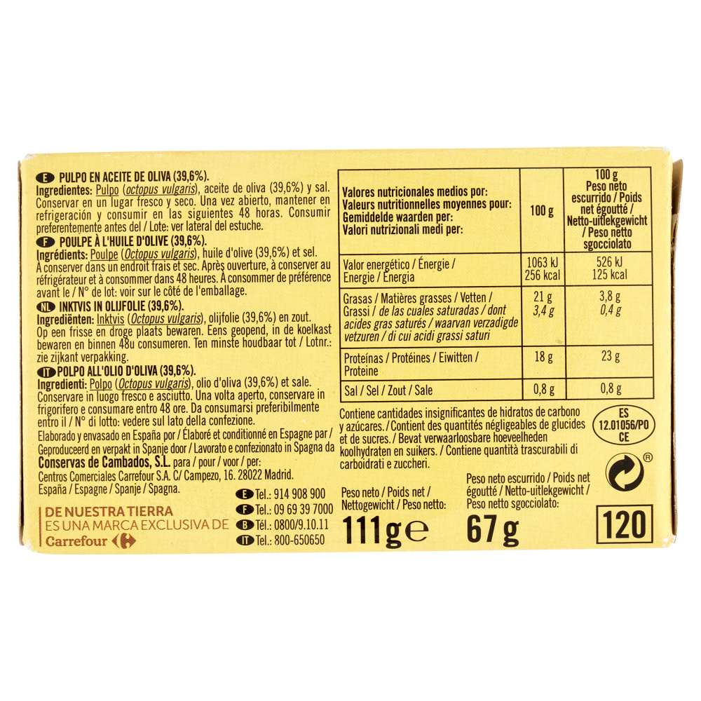 De Nuestra Tierra Pulpo de las R&iacute;as Gallegas en Aceite de Oliva 111 g