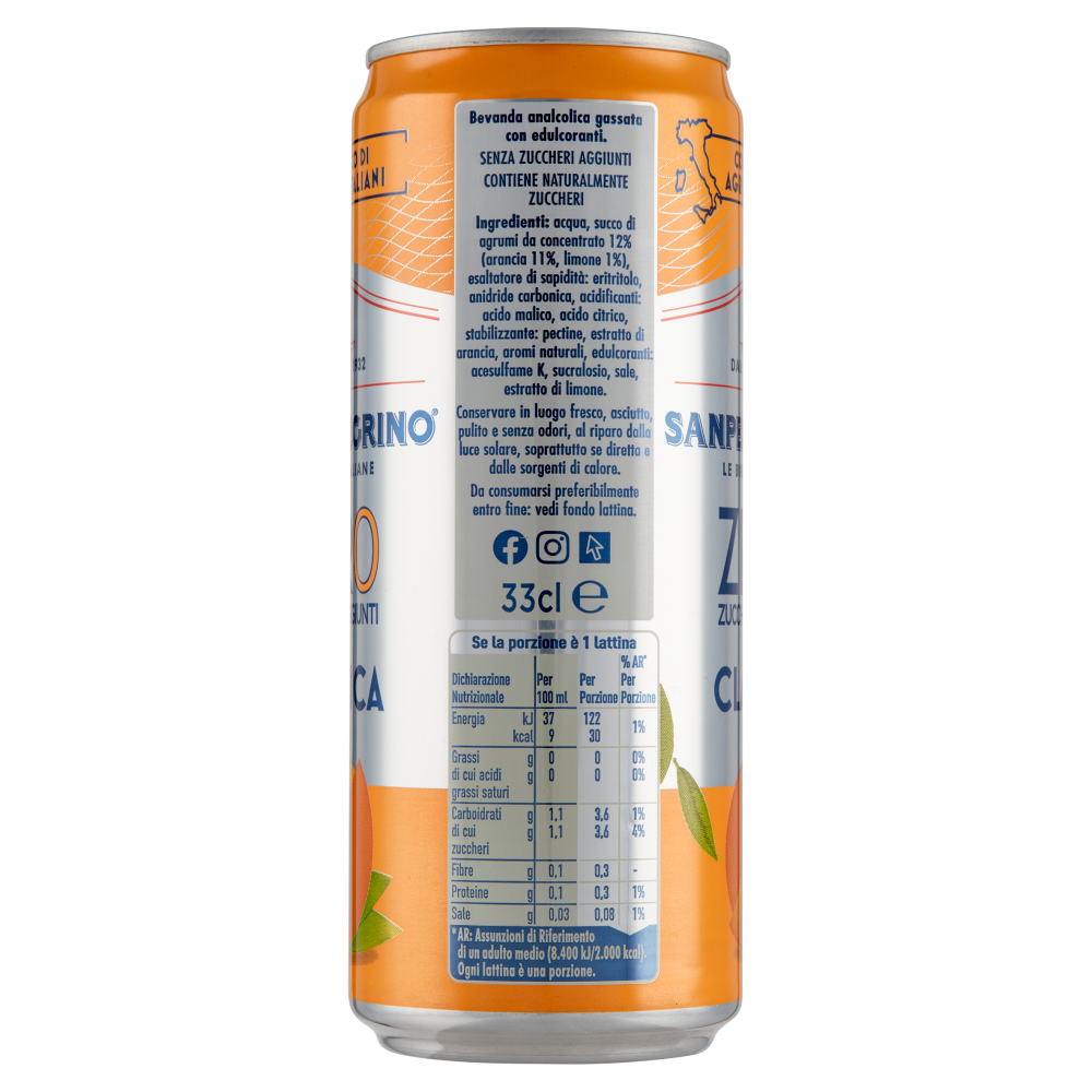 SANPELLEGRINO Classica Zero Zuccheri Aggiunti, Lattina 33 cl