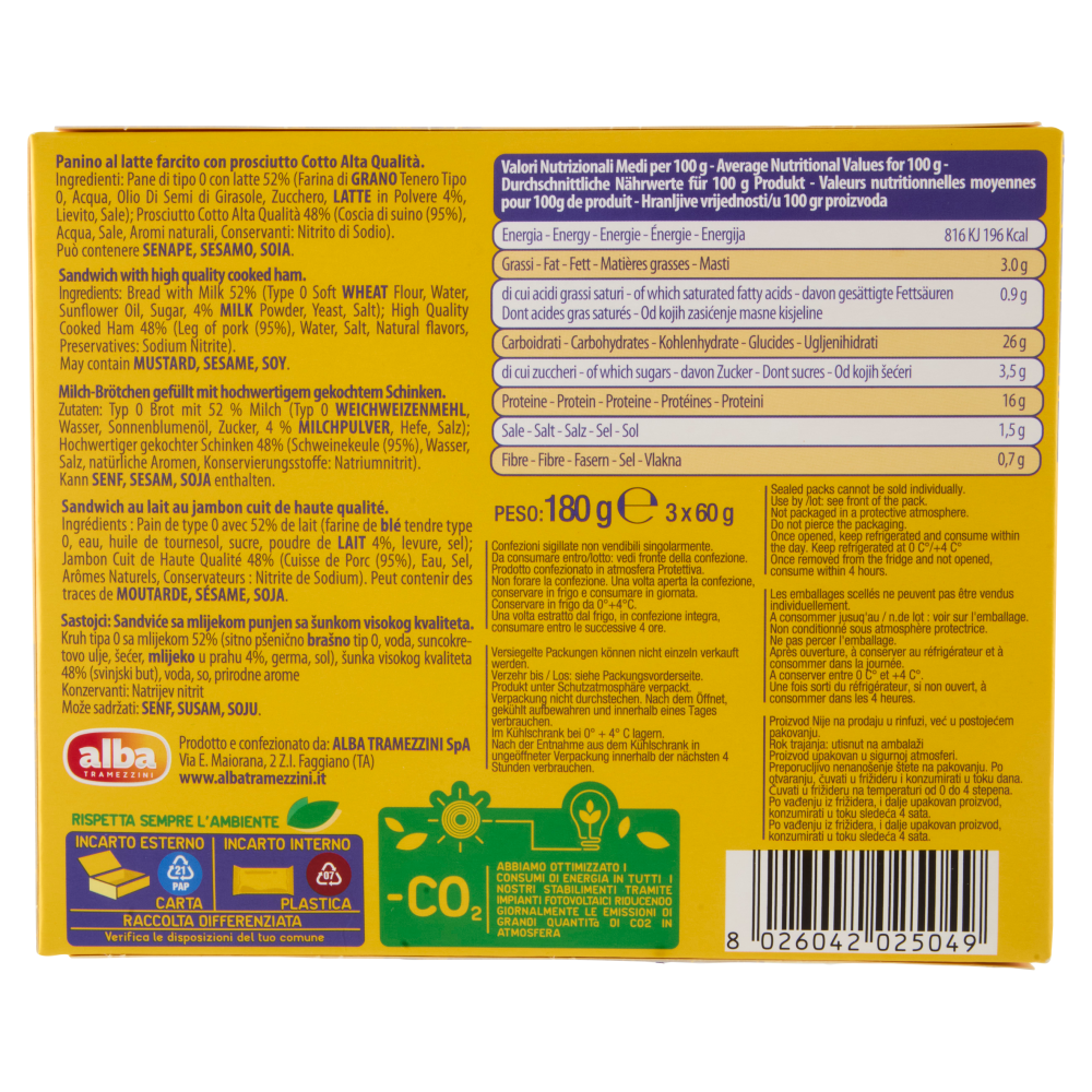 alba Tramezzini Pan Piccoli Panini con Prosciutto Cotto Alta Qualità 3 x 60 g