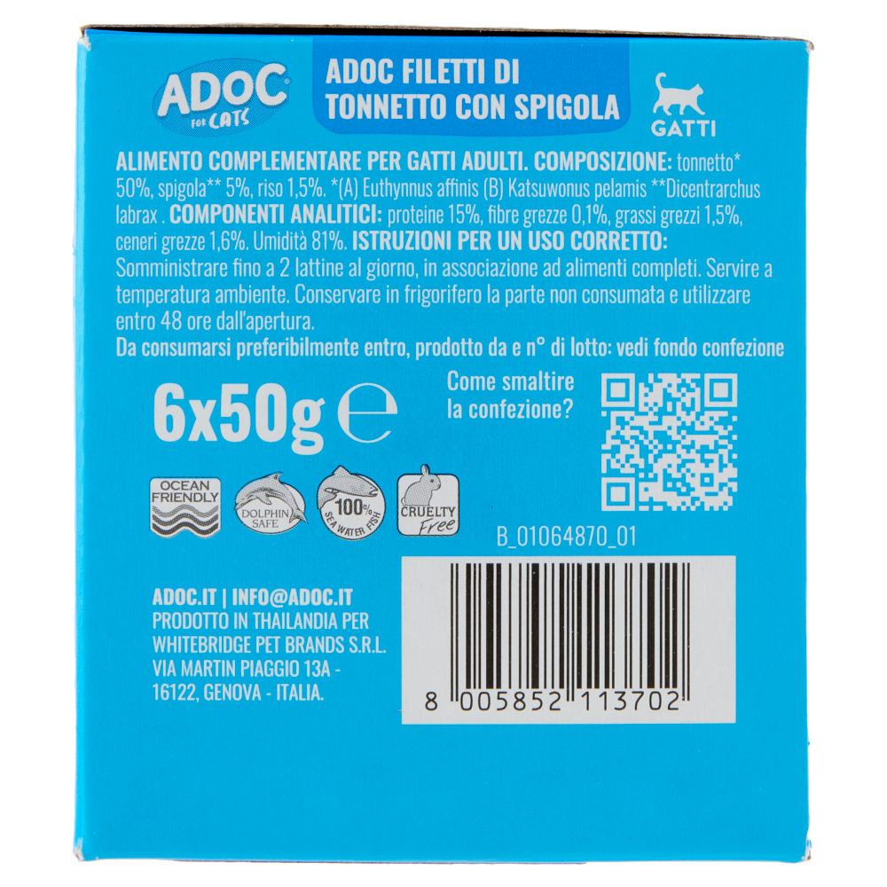 ADoC For Cats Naturally Premium Filetti di Tonnetto con Spigola in Gelatina 6 x 50 g