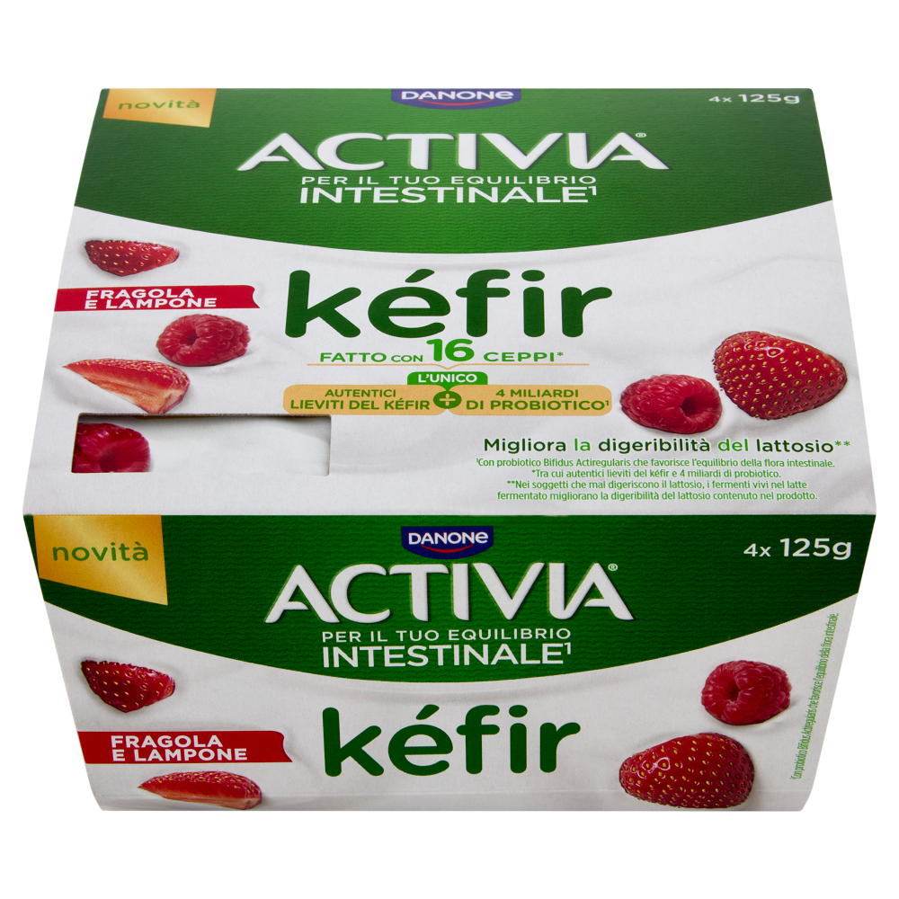 ACTIVIA K&eacute;fir al Cucchiaio, Fragola e Lampone, con Autentici Lieviti e Probiotico Bifidus, 4x125g