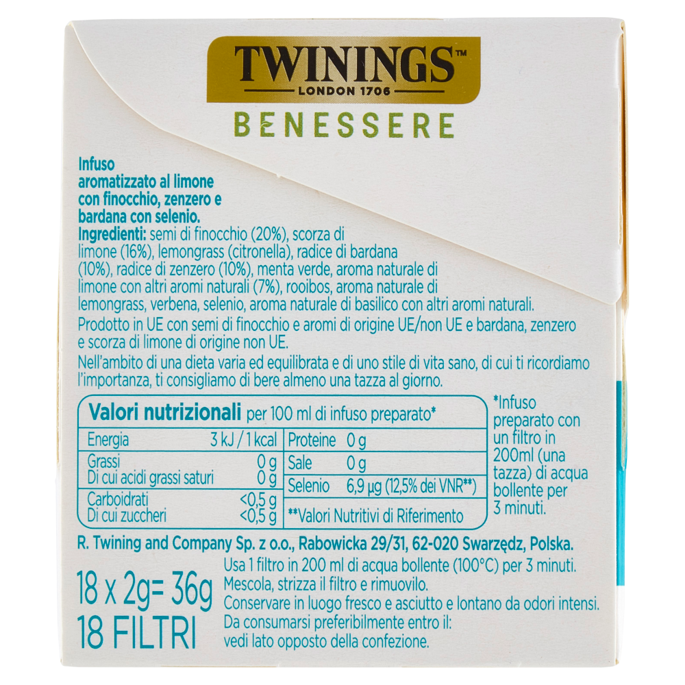 Twinings Benessere Antiossidante Tisana aromatizzata Limone con Finocchio e Zenzero 18 filtri 36 g