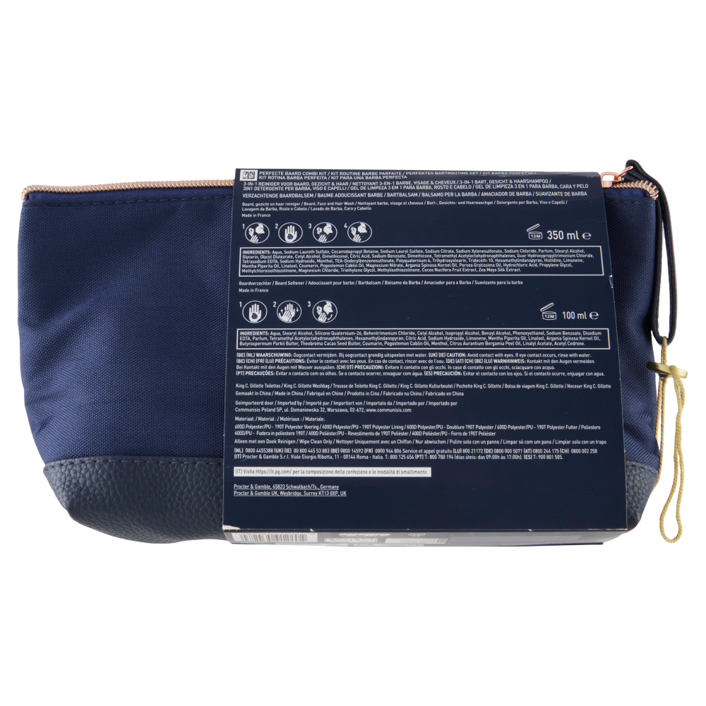 King C Gillette Perfect Beard Regimen Kit 3in1 Detergente 350ml + Balsamo 100ml + Pochette