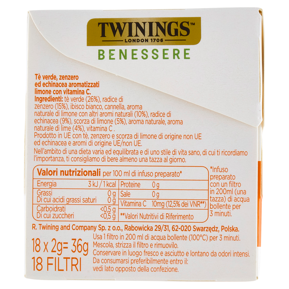 Twinings Benessere Difesa Tisana e Tè Verde, Zenzero aromatizzati Limone Vitamina C 18 filtri 36 g