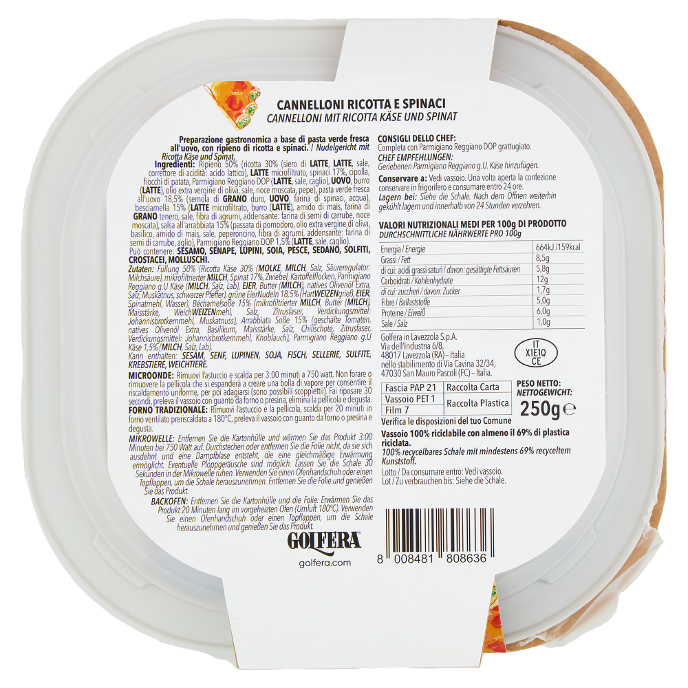 Golfera Ben Fatto Cannelloni Ricotta e Spinaci 250 g