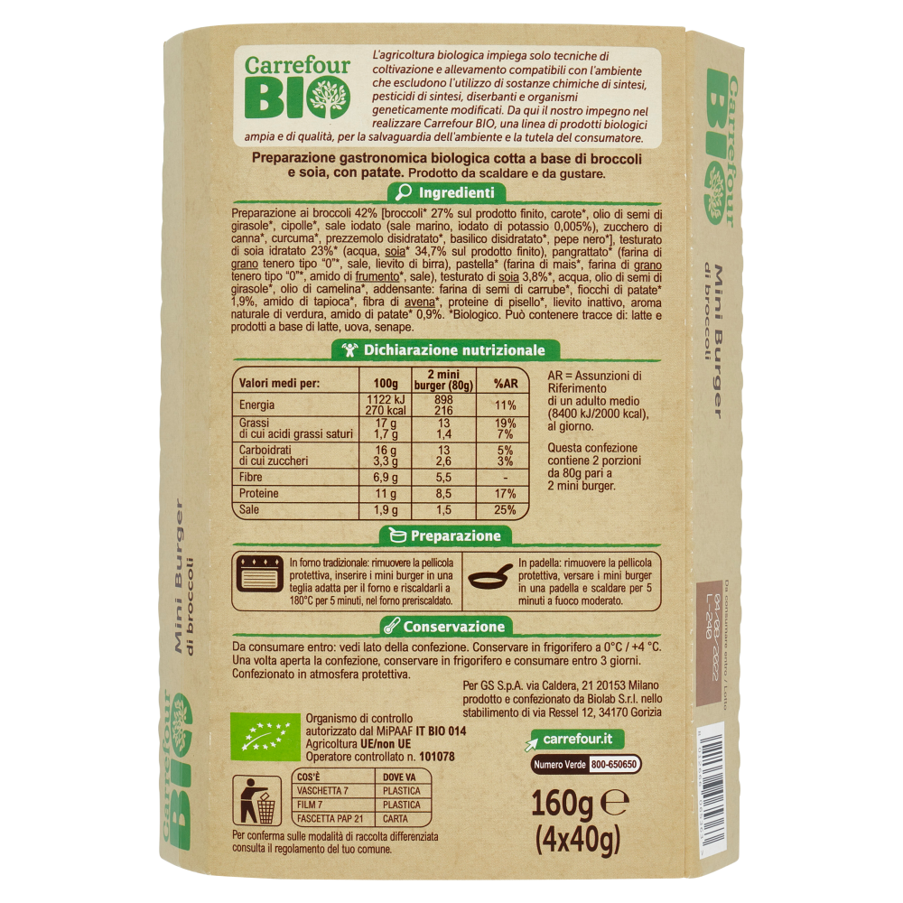 Carrefour Bio Mini Burger di broccoli 4 x 40 g