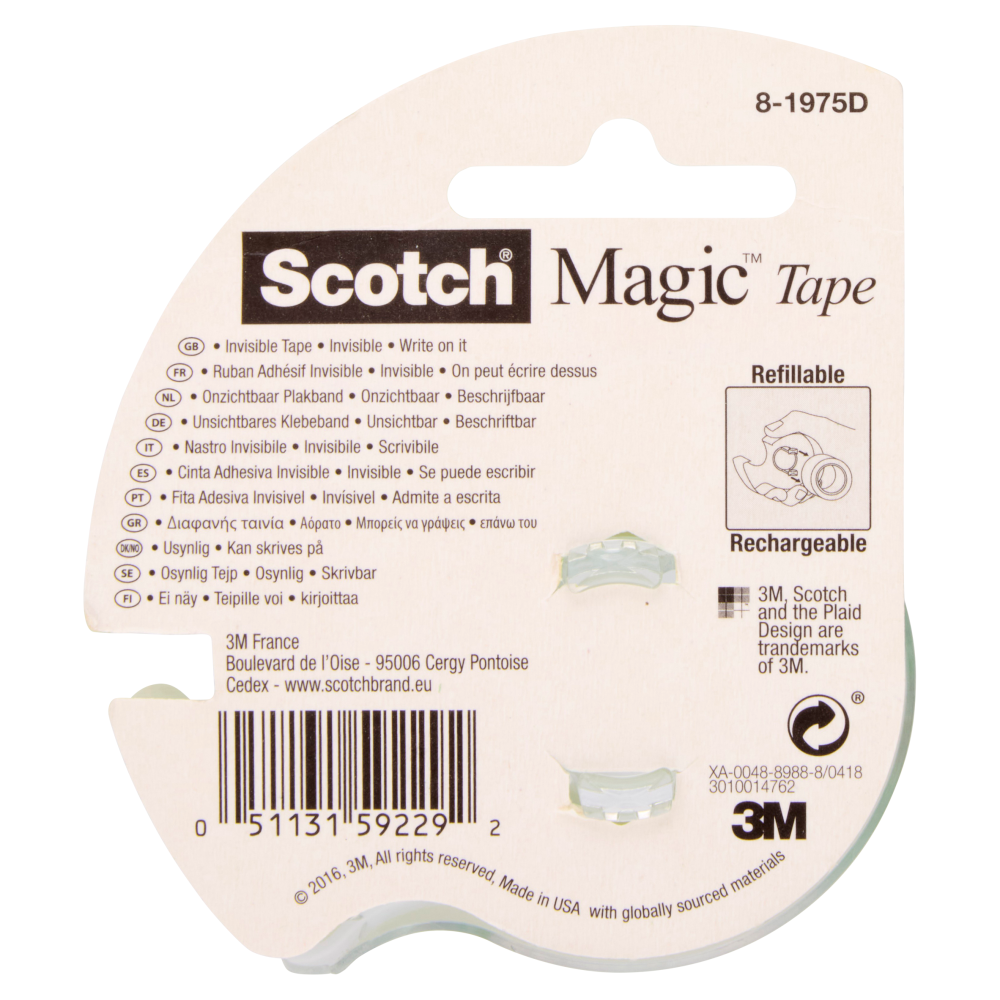 Scotch&reg; Magic&trade; Nastro adesivo invisibile, 19 mm x 7,5 m, 1 rotolo su dispenser/confezione
