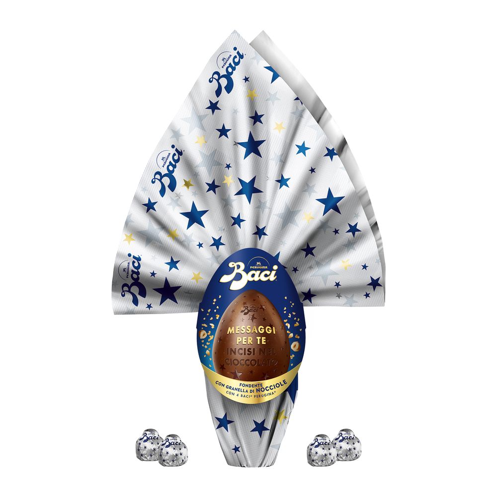 Uovo di Pasqua Cioccolato Fondente Messaggi Incisi con Nocciole e 4 Cioccolatini 310g