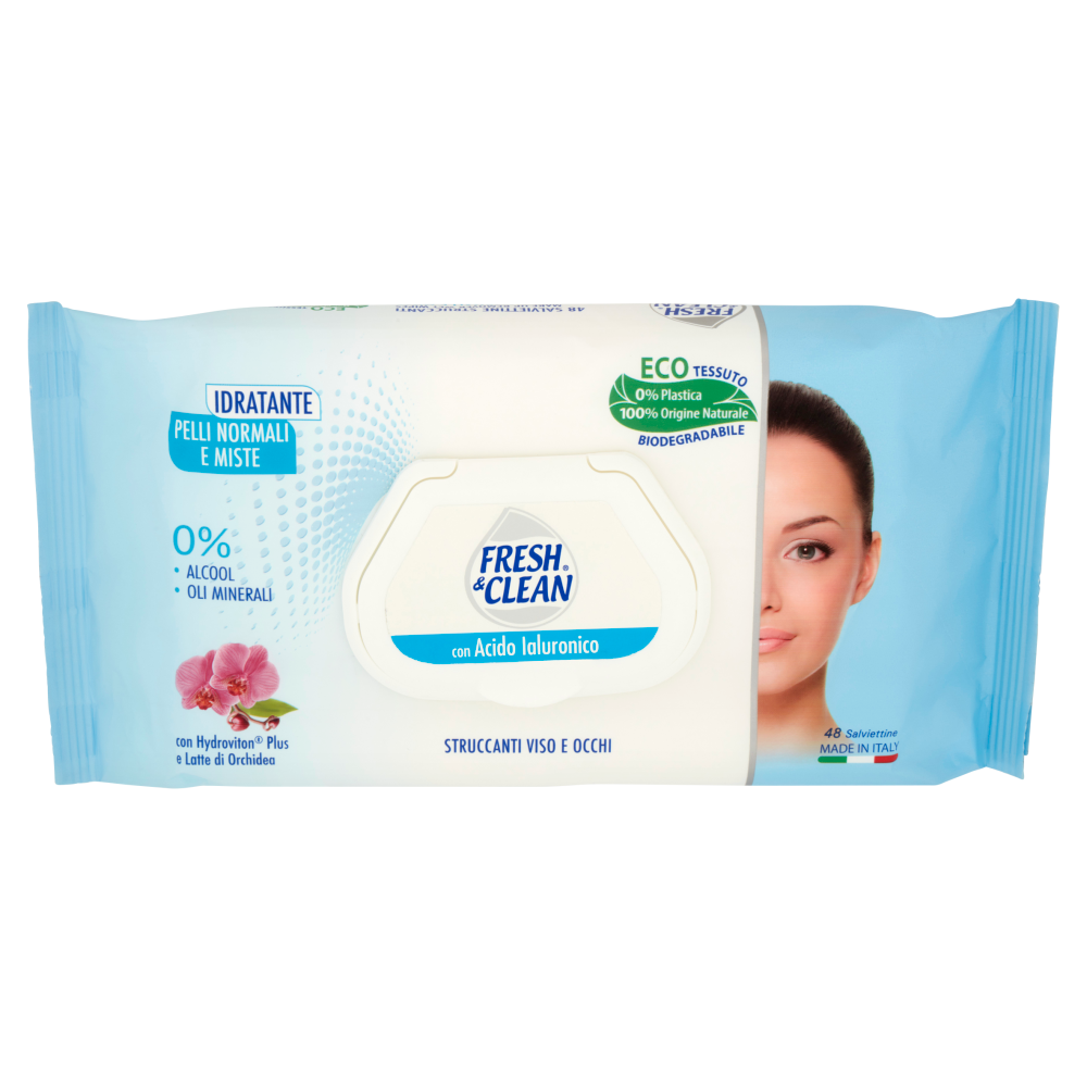 Fresh & Clean con Acido Ialuronico Salviettine Struccanti Viso e Occhi Pelli Normali e Miste 48 pz