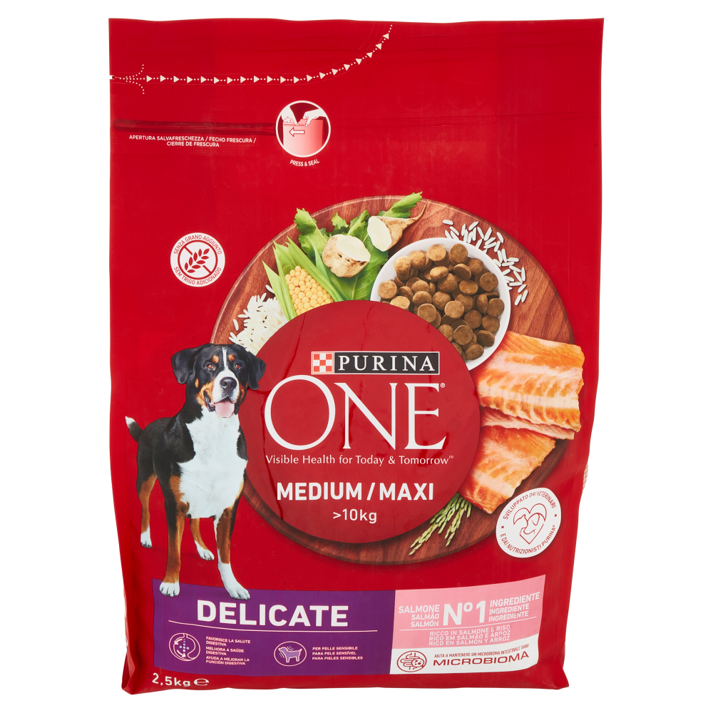 PURINA ONE Medium / Maxi Delicate Ricco in Salmone e Riso 2,5 kg