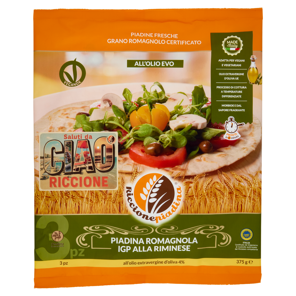 Riccionepiadina Piadina Romagnola IGP alla Riminese all'olio extravergine d'oliva 4% 3 pz 375 g