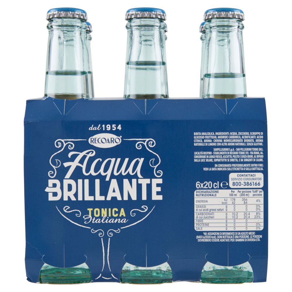 RECOARO ACQUA BRILLANTE Bibita Gassata, Acqua Tonica 20cl x 6