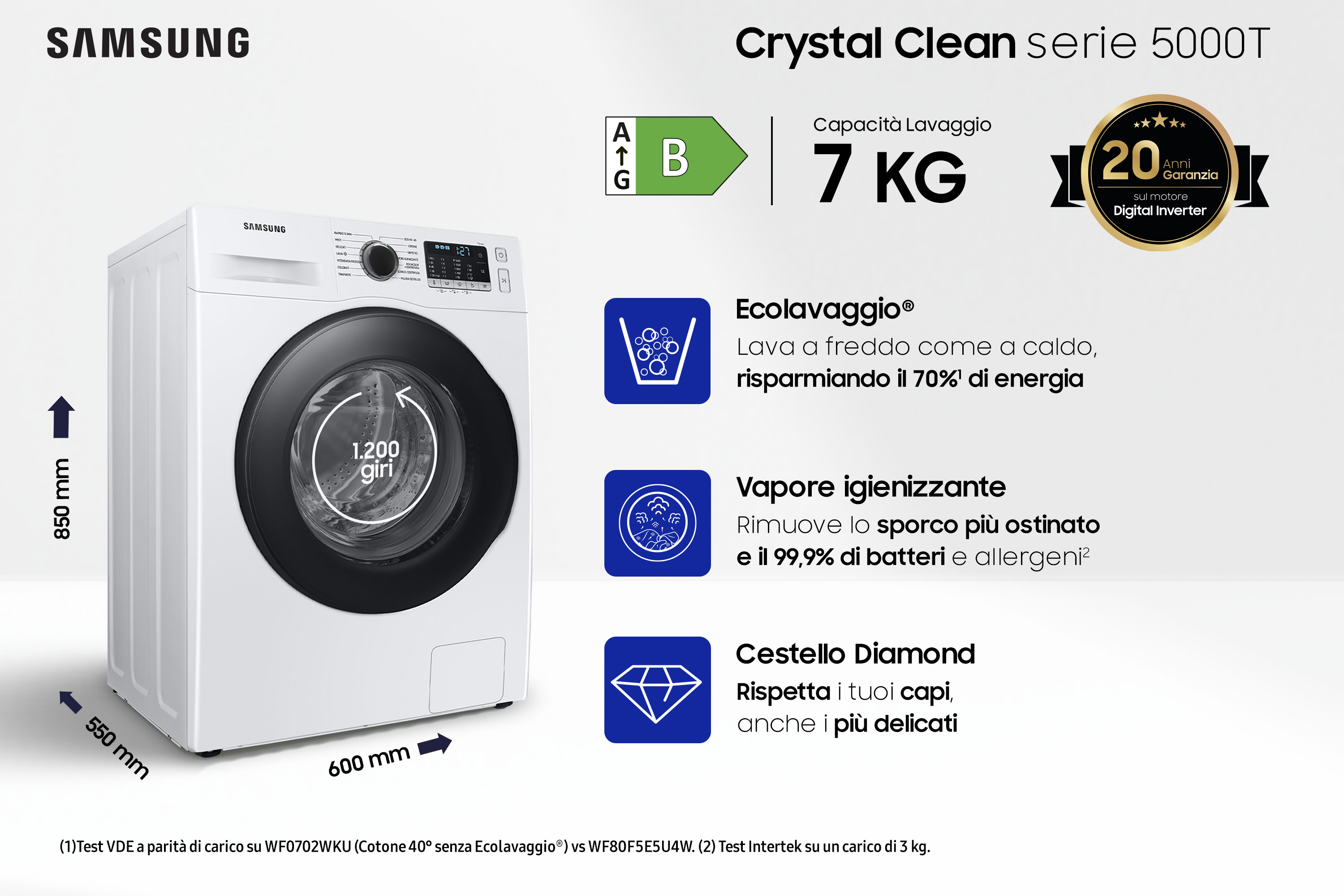 Samsung WW70TA026AE/ET lavatrice a caricamento frontale Crystal Clean™ 7 kg Classe B 1200 giri/min, Porta nera + panel nero