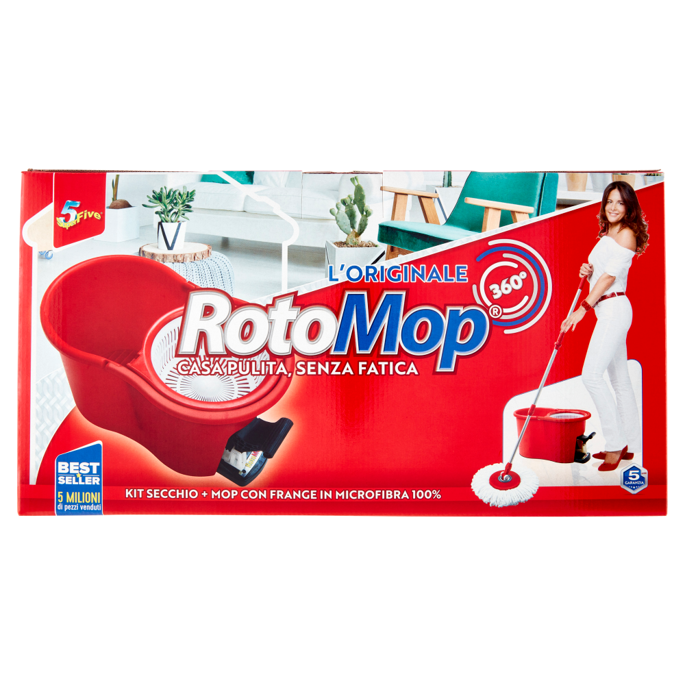 Super5 RotoMop 360° Kit Secchio + Mop con Frange in Microfibra 100%