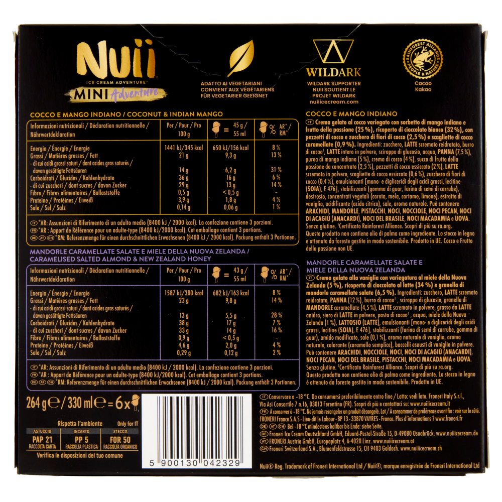 NUII Mini Adventure Cocco-Mango Indiano,Mandorle Caramell. Salate-Miele Nuova Zelanda 6 Gelati 264g